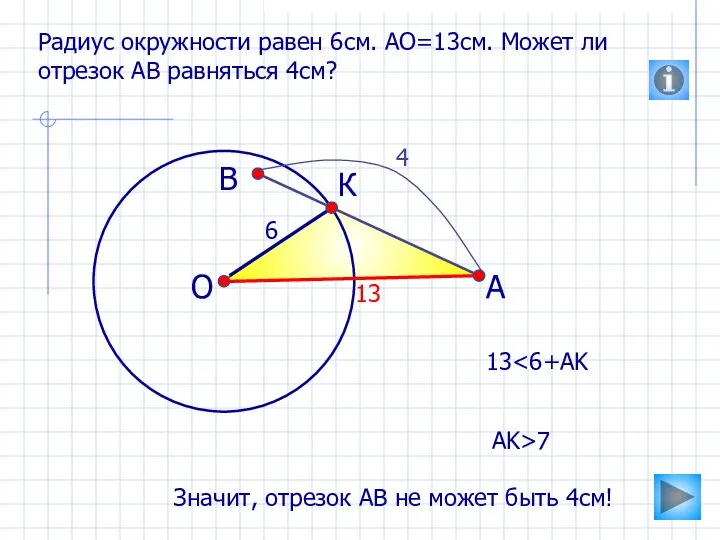 О В А Радиус окружности равен 6см. АО=13см. Может ли отрезок