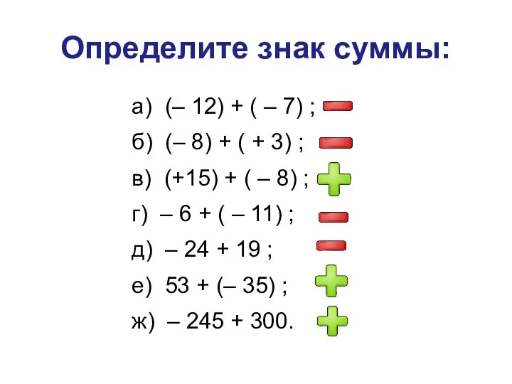 Определите знак суммы: а) (– 12) + ( – 7) ;