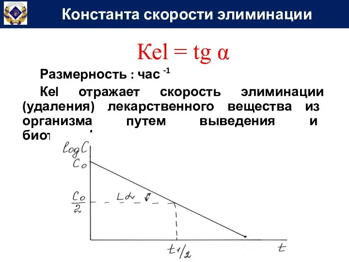 Константа скорости элиминации Кеl = tg α Размерность : час -1