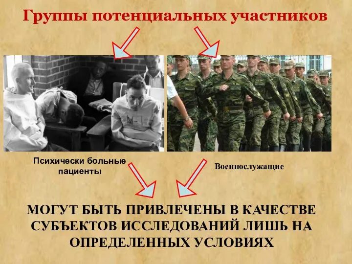 Группы потенциальных участников Психически больные пациенты Военнослужащие МОГУТ БЫТЬ ПРИВЛЕЧЕНЫ В