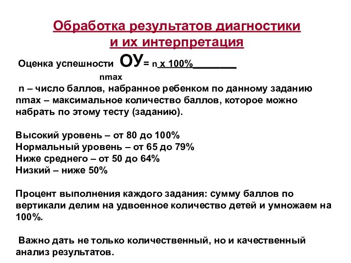 Обработка результатов диагностики и их интерпретация Оценка успешности ОУ= n х