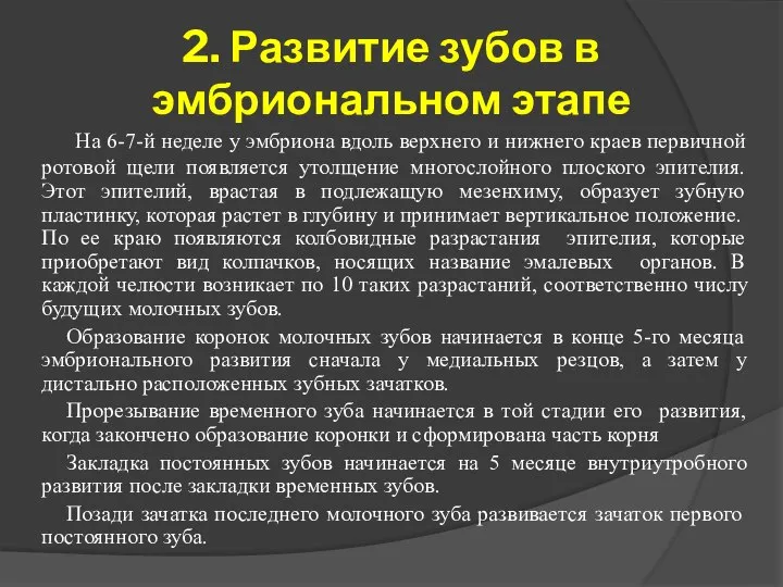 2. Развитие зубов в эмбриональном этапе На 6-7-й неделе у эмбриона