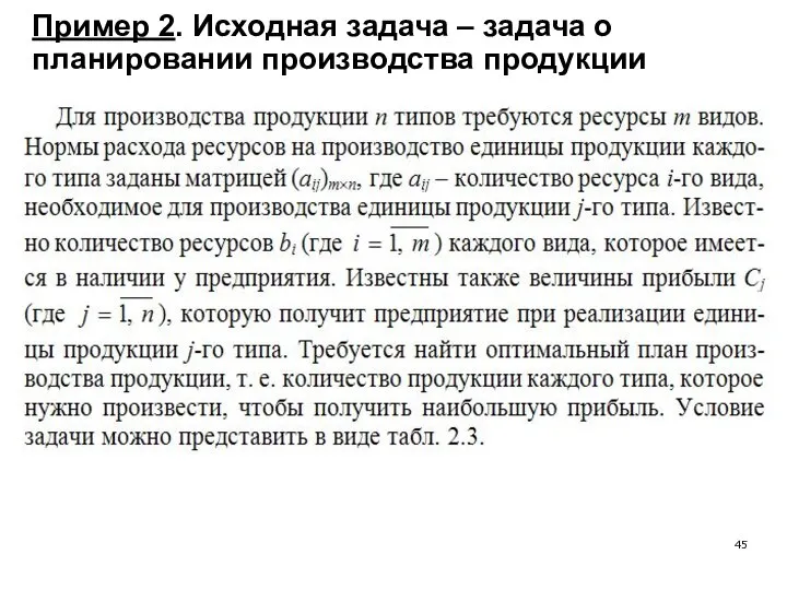 Пример 2. Исходная задача – задача о планировании производства продукции