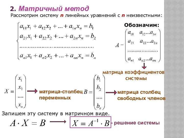 Рассмотрим систему n линейных уравнений c n неизвестными: матрица коэффициентов системы