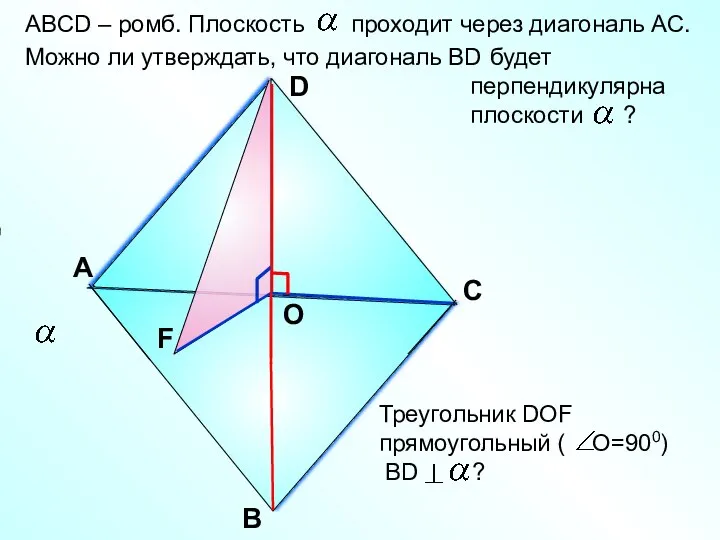 ABCD – ромб. Плоскость проходит через диагональ АС. Можно ли утверждать,