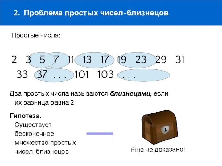 2. Проблема простых чисел-близнецов Простые числа: 2 3 5 7 11