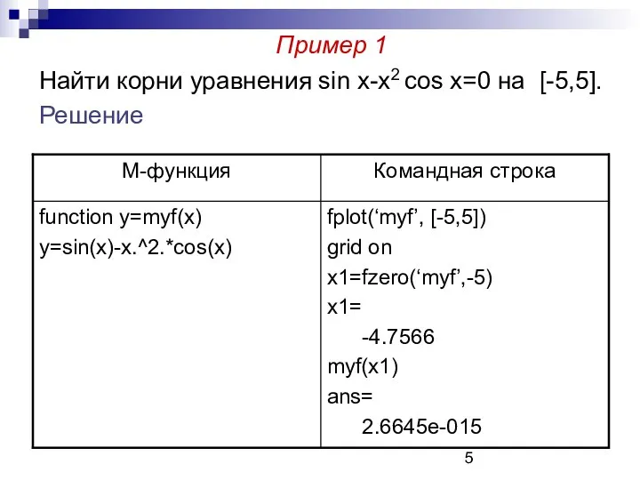 Пример 1 Найти корни уравнения sin x-x2 cos x=0 на [-5,5]. Решение