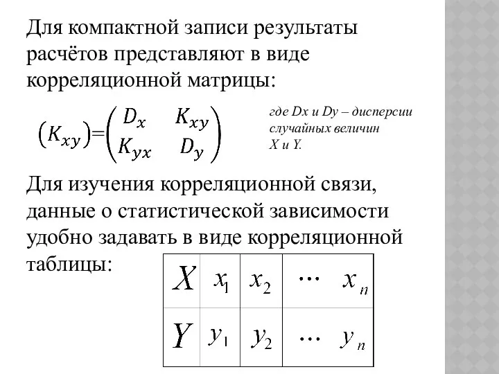 Для компактной записи результаты расчётов представляют в виде корреляционной матрицы: где