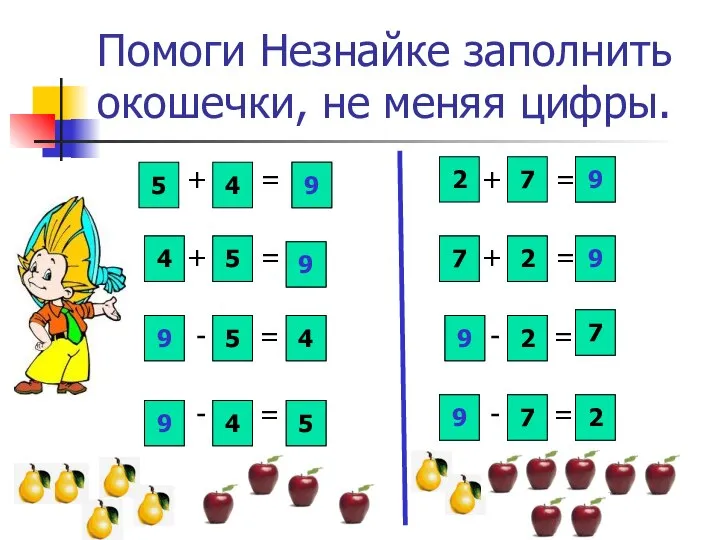 Помоги Незнайке заполнить окошечки, не меняя цифры. + = + =