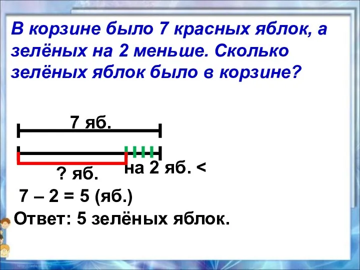 7 яб. на 2 яб. ? яб. 7 – 2 =