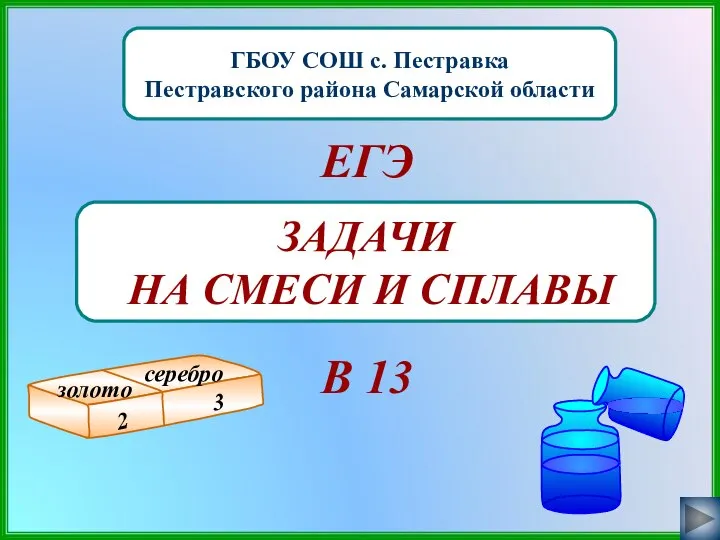 ГБОУ СОШ с. Пестравка Пестравского района Самарской области ЗАДАЧИ НА СМЕСИ И СПЛАВЫ В 13 ЕГЭ