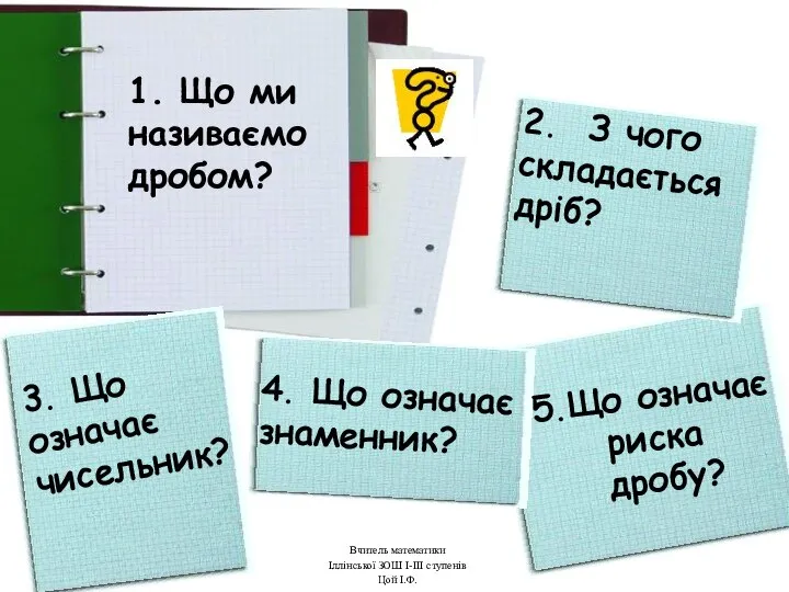 1. Що ми називаємо дробом? 2. З чого складається дріб? 3.