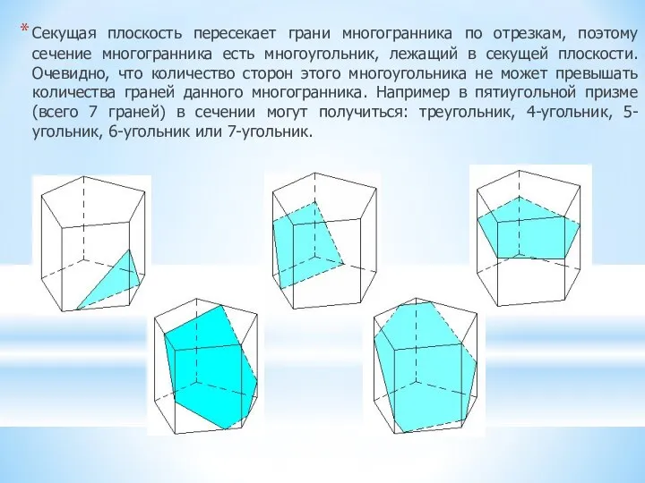 Секущая плоскость пересекает грани многогранника по отрезкам, поэтому сечение многогранника есть