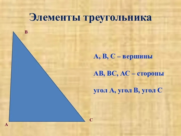 Элементы треугольника А, В, С – вершины АВ, ВС, АС –