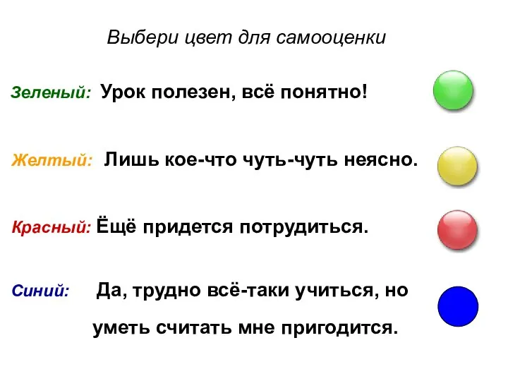 Зеленый: Урок полезен, всё понятно! Желтый: Лишь кое-что чуть-чуть неясно. Красный: