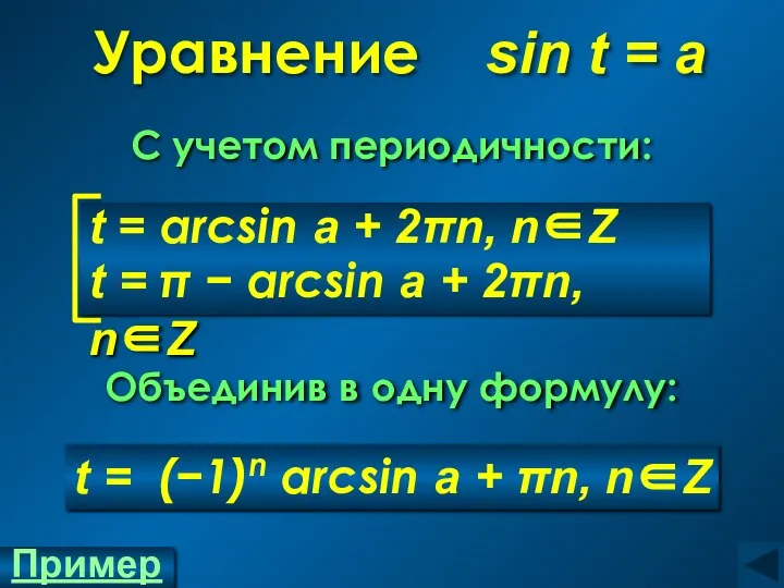 t = (−1)n arcsin a + πn, n∈Z Уравнение sin t