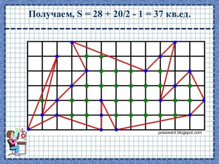 Получаем, S = 28 + 20/2 - 1 = 37 кв.ед.