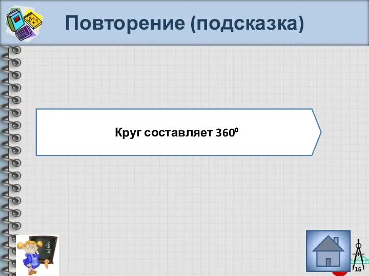 Повторение (подсказка) Круг составляет 360⁰