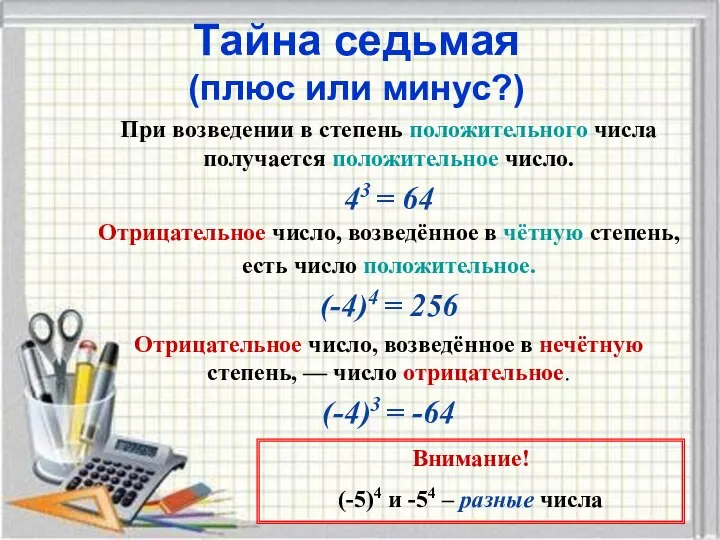 Тайна седьмая (плюс или минус?) При возведении в степень положительного числа