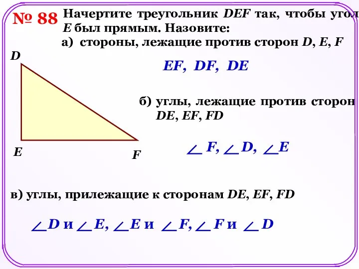 № 88 Начертите треугольник DEF так, чтобы угол E был прямым.