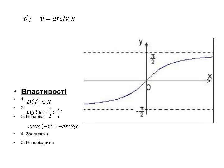 Властивості 1. 2. 3. Непарна: 4. Зростаюча 5. Неперіодична