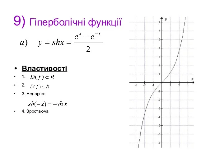 9) Гіперболічні функції Властивості 1. 2. 3. Непарна: 4. Зростаюча