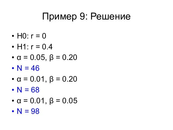 Пример 9: Решение Н0: r = 0 H1: r = 0.4