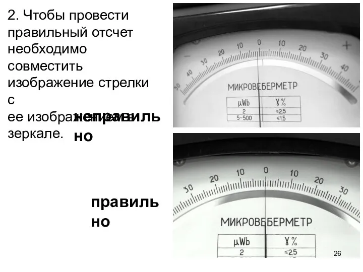 2. Чтобы провести правильный отсчет необходимо совместить изображение стрелки с ее изображением в зеркале. неправильно правильно