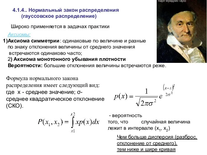 4.1.4.. Нормальный закон распределения (гауссовское распределение) Аксиомы: Аксиома симметрии: одинаковые по