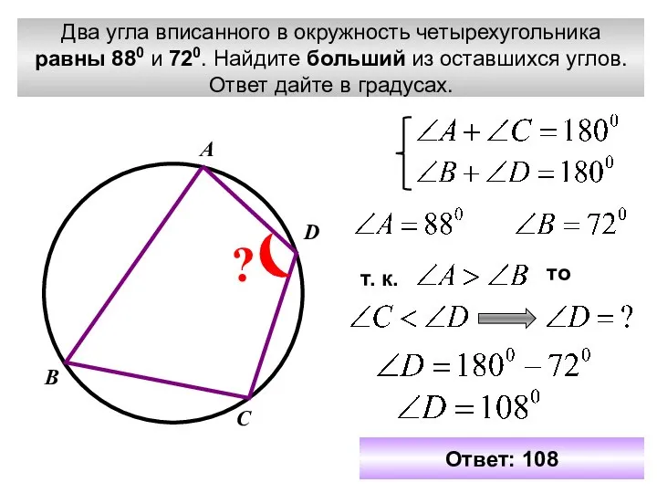 Два угла вписанного в окружность четырехугольника равны 880 и 720. Найдите