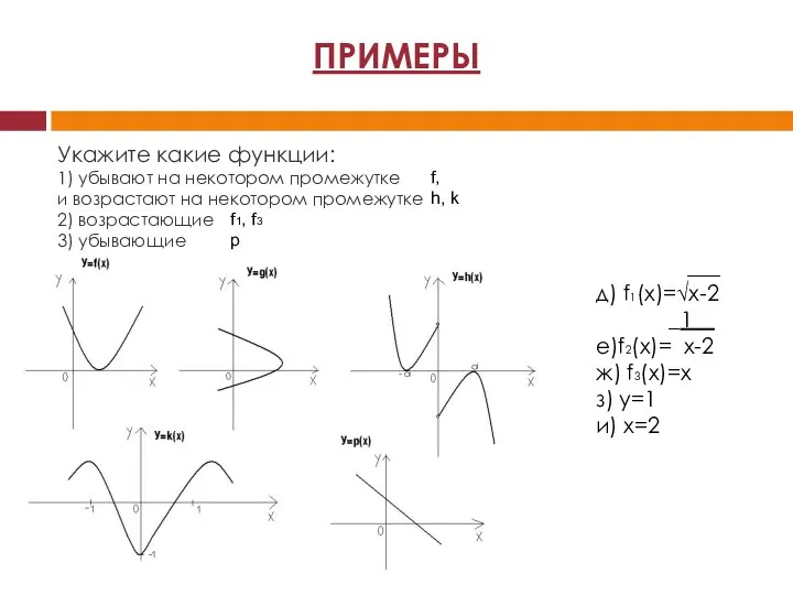 Укажите какие функции: 1) убывают на некотором промежутке и возрастают на