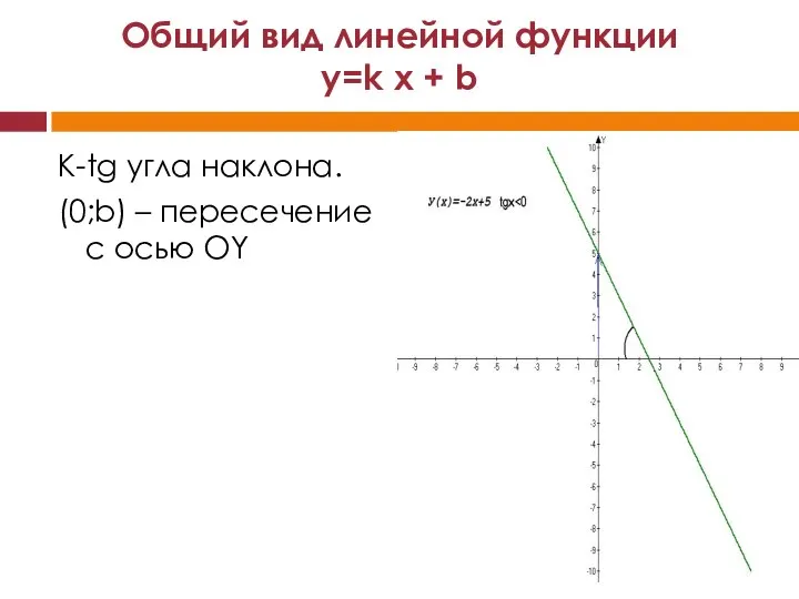 Общий вид линейной функции y=k x + b K-tg угла наклона.