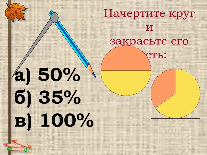 Начертите круг и закрасьте его часть: а) 50% б) 35% в) 100%