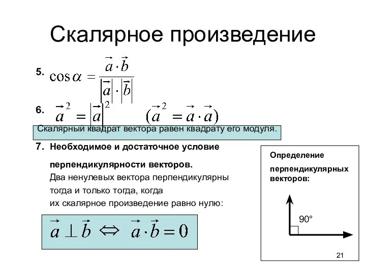 Скалярное произведение 5. 6. Скалярный квадрат вектора равен квадрату его модуля.