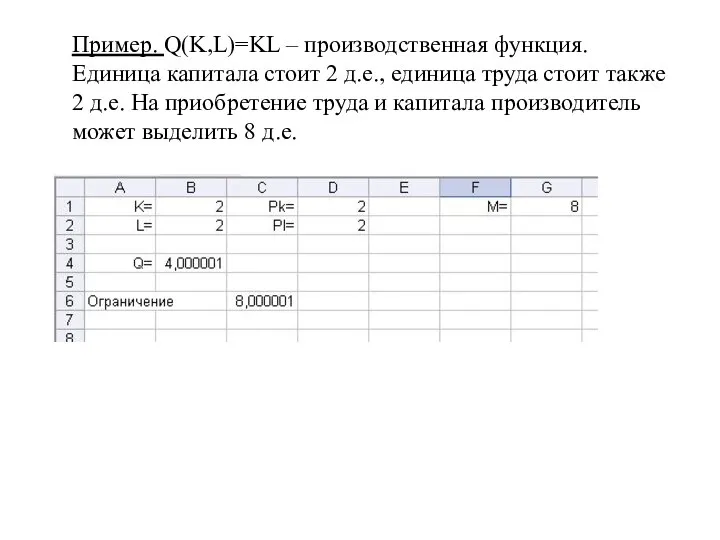 Пример. Q(K,L)=KL – производственная функция. Единица капитала стоит 2 д.е., единица