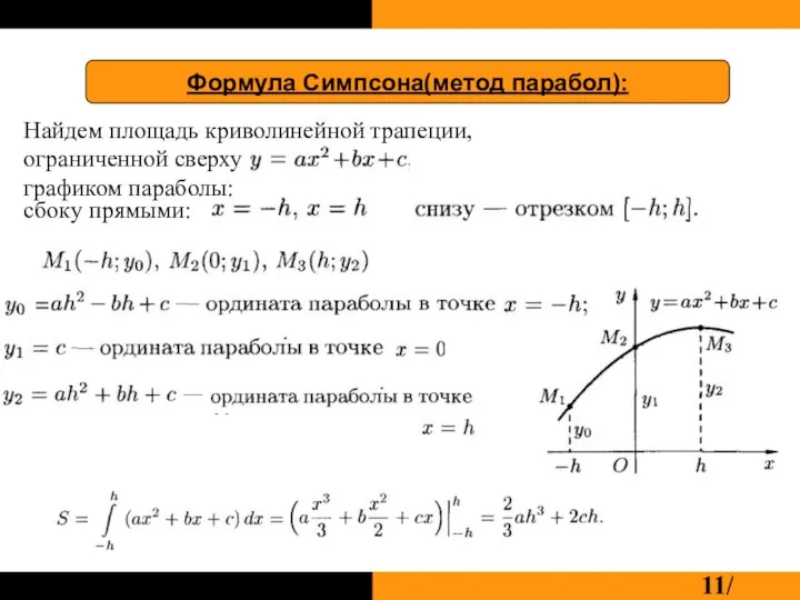 Формула Симпсона(метод парабол): Найдем площадь криволинейной трапеции, ограниченной сверху графиком параболы: сбоку прямыми: