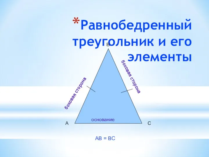 Равнобедренный треугольник и его элементы основание боковая сторона боковая сторона А В С АВ = ВС