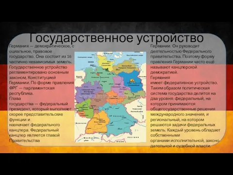 Государственное устройство Германия — демократическое, социальное, правовое государство. Она состоит из