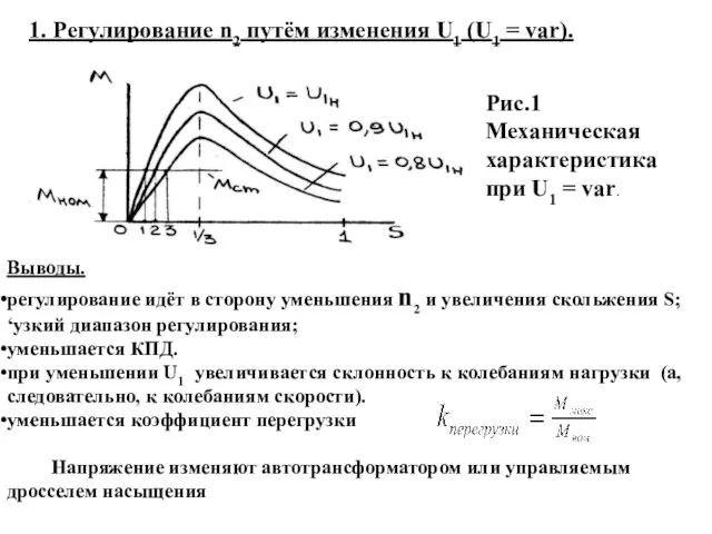 1. Регулирование n2 путём изменения U1 (U1 = var). Рис.1 Механическая