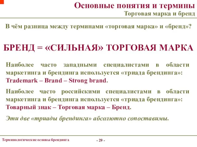 - - Терминологические основы брендинга Основные понятия и термины Торговая марка