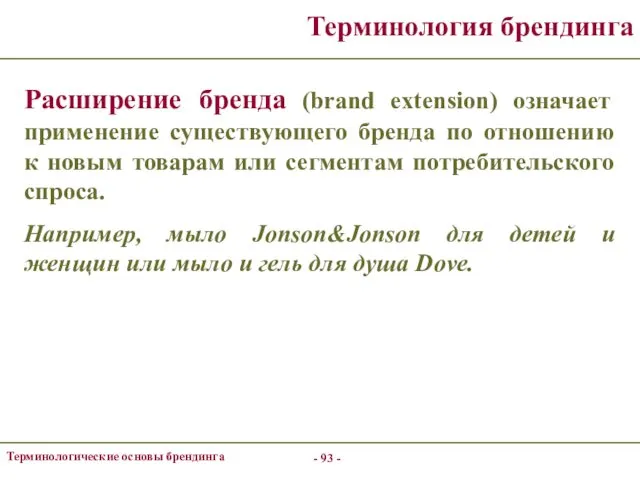 - - Терминологические основы брендинга Терминология брендинга Расширение бренда (brand extension)