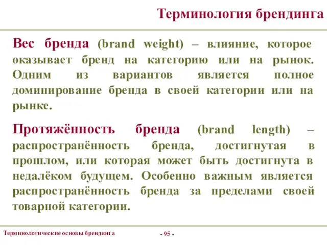 - - Терминологические основы брендинга Терминология брендинга Вес бренда (brand weight)