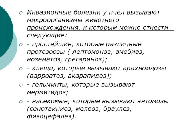 Инвазионные болезни у пчел вызывают микроорганизмы животного происхождения, к которым можно