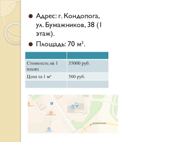 Адрес: г. Кондопога, ул. Бумажников, 38 (1 этаж). Площадь: 70 м².