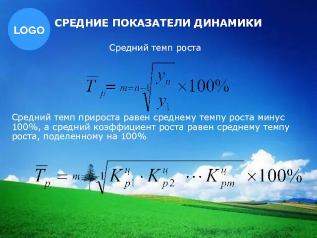 СРЕДНИЕ ПОКАЗАТЕЛИ ДИНАМИКИ Средний темп роста Средний темп прироста равен среднему