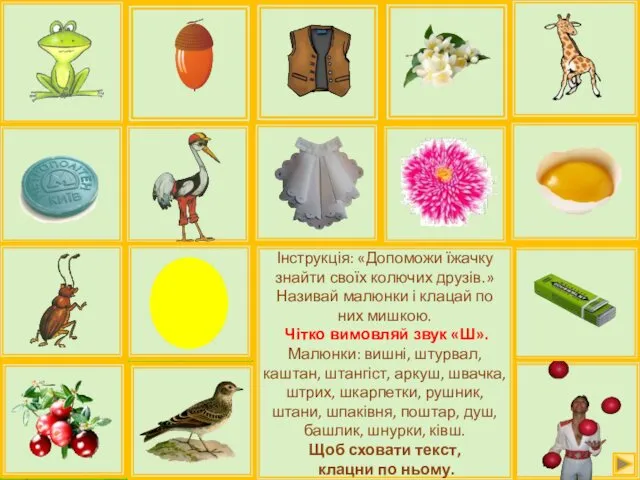 Інструкція: «Допоможи їжачку знайти своїх колючих друзів.» Називай малюнки і клацай