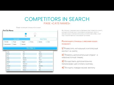 PAGE «CATS NAMES» COMPETITORS IN SEARCH 1/ Разместить актуальный и интересный