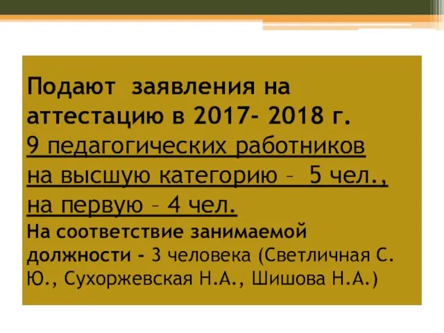 Подают заявления на аттестацию в 2017- 2018 г. 9 педагогических работников