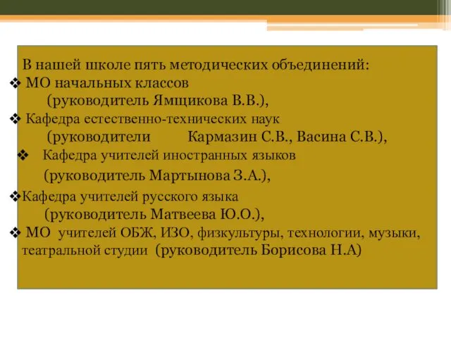 В нашей школе пять методических объединений: МО начальных классов (руководитель Ямщикова