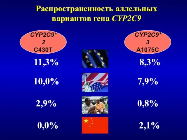 Распространенность аллельных вариантов гена CYP2C9 CYP2C9*2 C430Т CYP2C9*3 А1075С 11,3% 8,3%